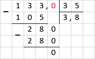 Ділення 133 : 35 = 3,8 стовпчиком