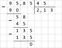 Ділення 95,85 : 45 = 2,13 стовпчиком