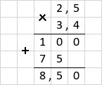 Множення 2,5 · 3,4 = 8,5 стовпчиком
