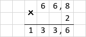 Множення 66,8 · 2 = 133,6 стовпчиком
