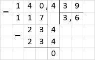 Ділення 140,4 : 39 = 3,6 стовпчиком