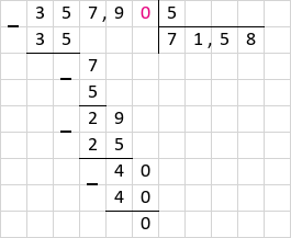 Ділення 357,9 : 5 = 71,58 стовпчиком