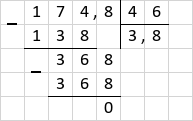 Ділення 174,8 : 46 = 3,8 стовпчиком