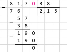 Ділення 81,7 : 38 = 2,15 стовпчиком