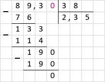 Ділення 89,3 : 38 = 2,35 стовпчиком