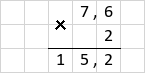 Множення 7,6 · 2 = 15,2 стовпчиком